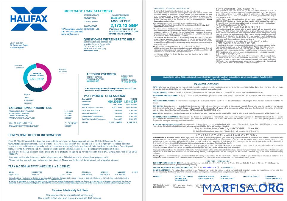 Printable United Kingdom Halifax bank mortgage loan statement in Word and PDF formats , 4 pages 1 2 sample